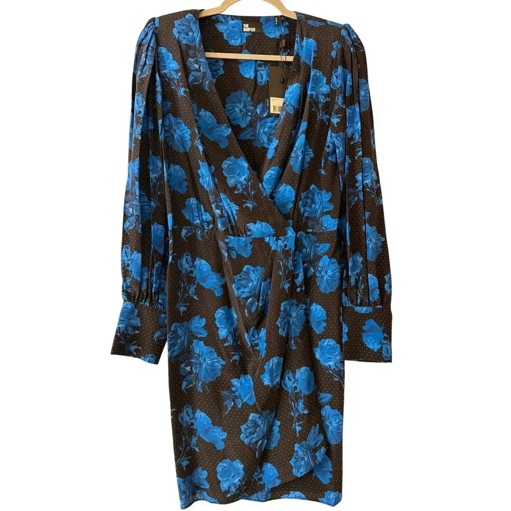 The Kooples Dress US 6 EU 38 Black Floral Blue Roses Polka Dot Rocker Chic Indie